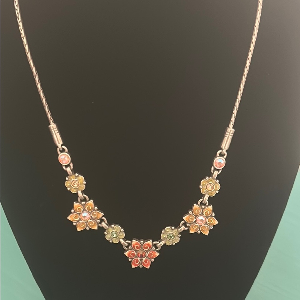 BRIGHTON GARDEN OF EDEN Retired Silver Plated and Enamel Floral Crystal Necklace - Picture 8 of 8